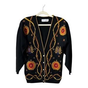 Vintage Norton McNaughton Black Cardigan‎ Sweater w/ Metallic Crest Chain Motif